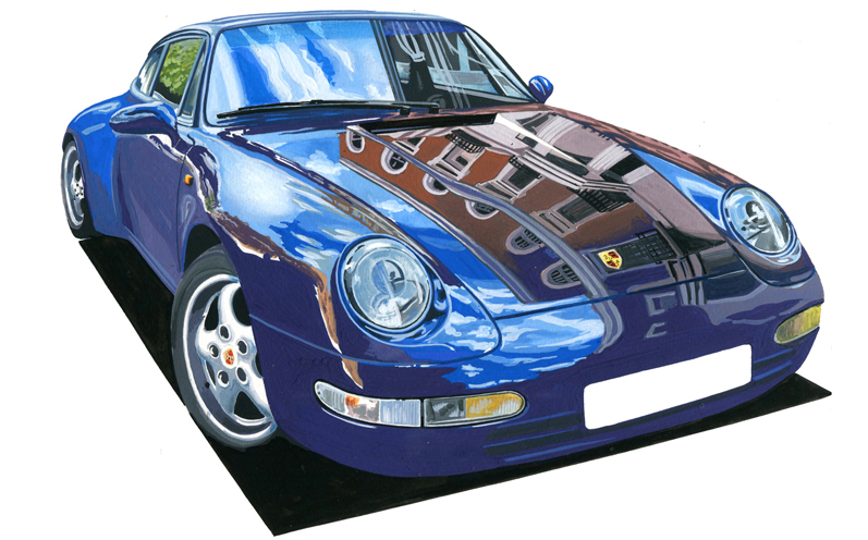 Vehicle portrait painting illustration of a blue Porsche 911 with building reflection